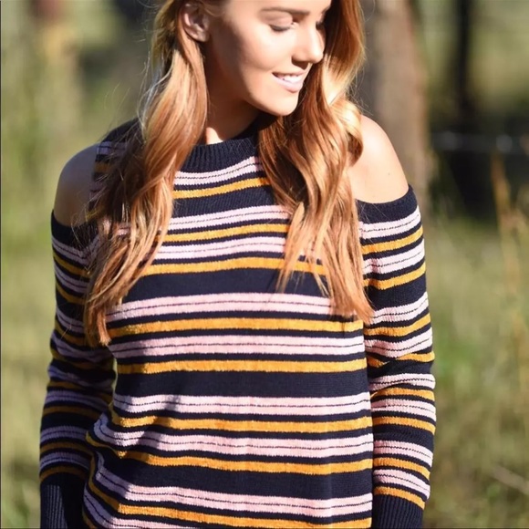 Loft Cold Shoulder Striped Sweater Woman's,‎ size Small, Blue And Pink Color. - Picture 1 of 11